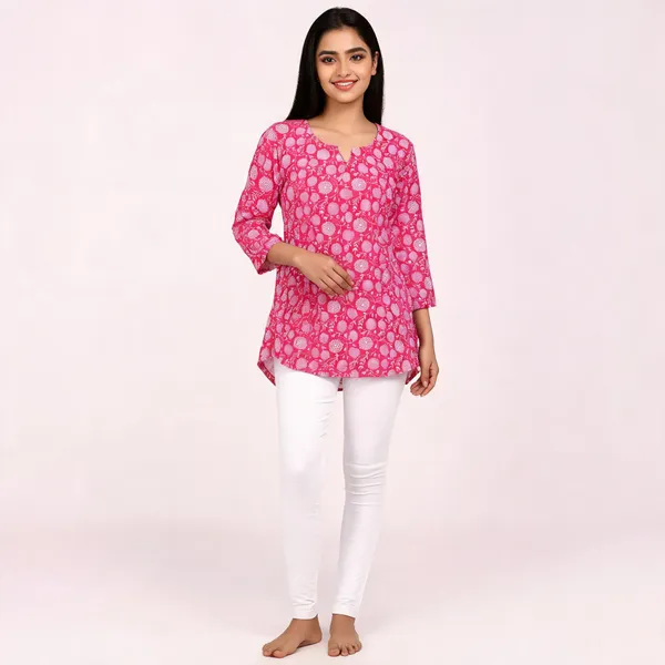 Pink_Cotton_Flared_Floral_Print_Kurta_For_Women