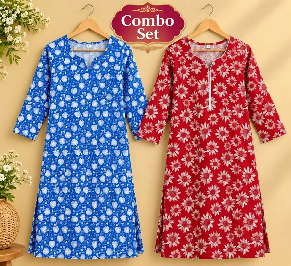 Blue_&_Red_Cotton_Floral_Print_Straight_Kurta_Combo_For_Women