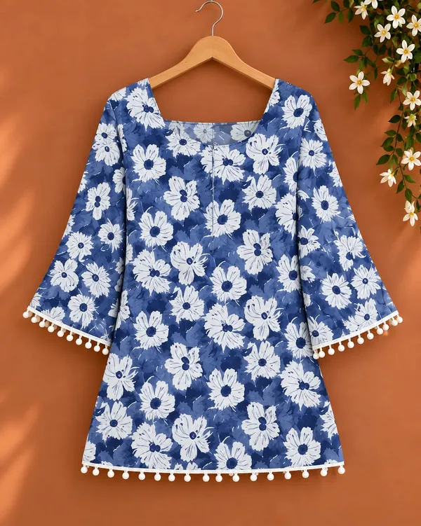 Blue_Cotton_Flared_Sleeve_Floral_Print_Kurta_For_Women