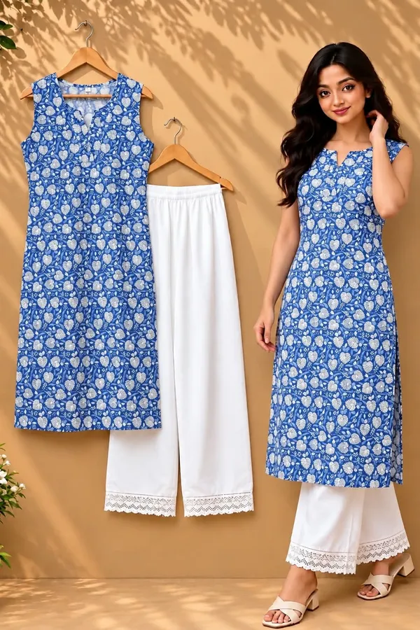 Blue_Cotton_Floral_Print_Sleeveless_Kurta_Palazzo_Set_For_Women