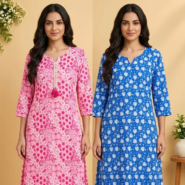 Pink_&_Blue_Cotton_Floral_Print_Straight_Kurta_Combo_For_Women
