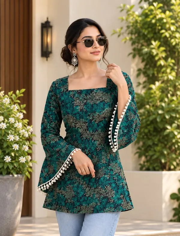 Green_Cotton_Floral_Print_Flared_Short_Kurta_For_Women
