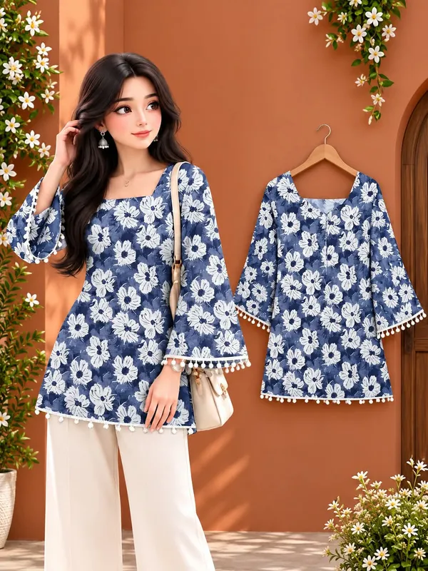 Blue_Cotton_Flared_Sleeve_Floral_Print_Kurta_For_Women