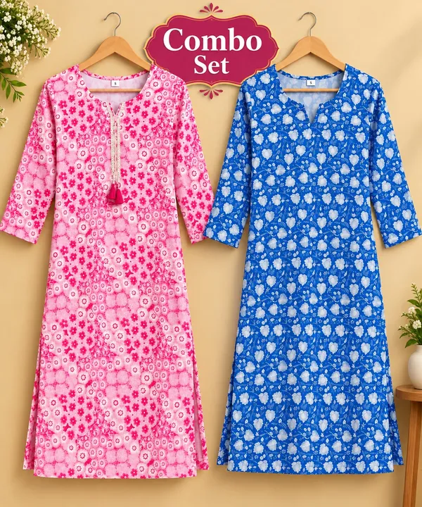 Pink_&_Blue_Cotton_Floral_Print_Straight_Kurta_Combo_For_Women