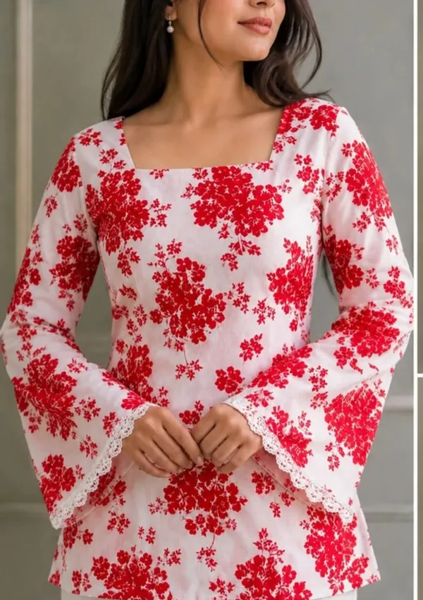 White_Cotton_Floral_Print_Bell_Sleeve_Short_Kurta_For_Women