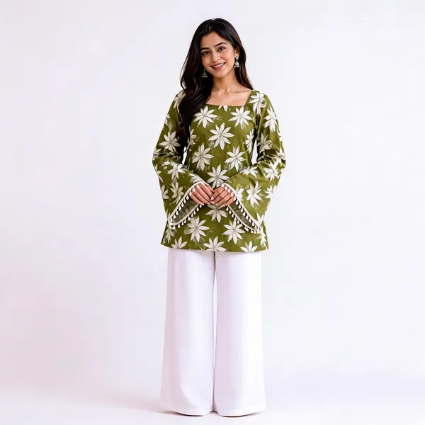 Olive_Cotton_Floral_Print_Straight_Short_Kurta_For_Women