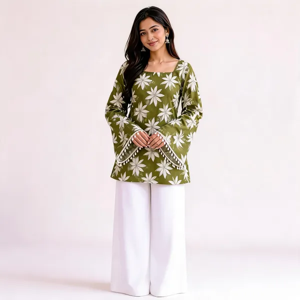 Olive_Cotton_Floral_Print_Straight_Short_Kurta_For_Women