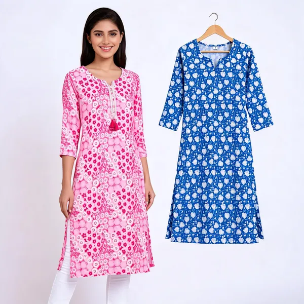 Pink_&_Blue_Cotton_Floral_Print_Straight_Kurta_Combo_For_Women