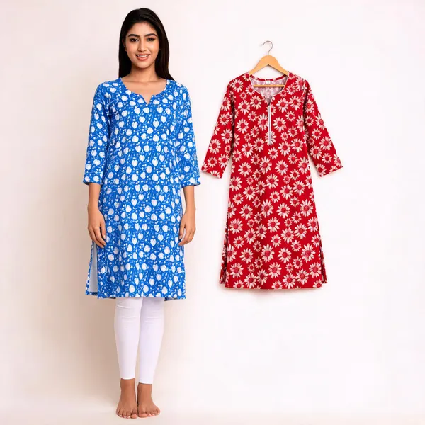 Blue_&_Red_Cotton_Floral_Print_Straight_Kurta_Combo_For_Women