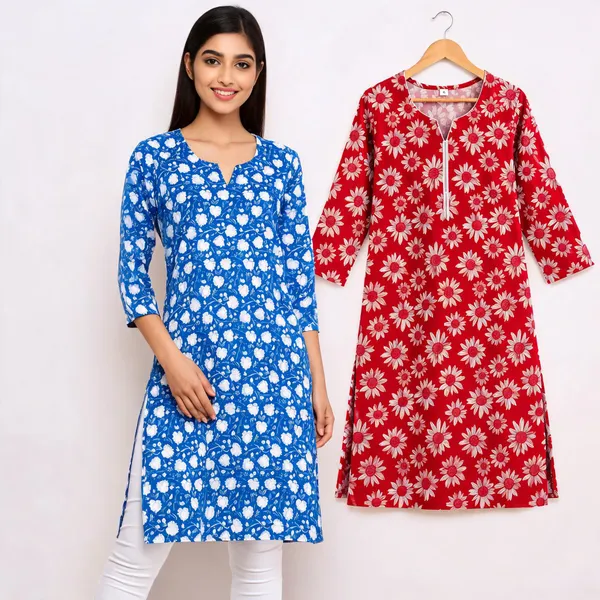 Blue_&_Red_Cotton_Floral_Print_Straight_Kurta_Combo_For_Women