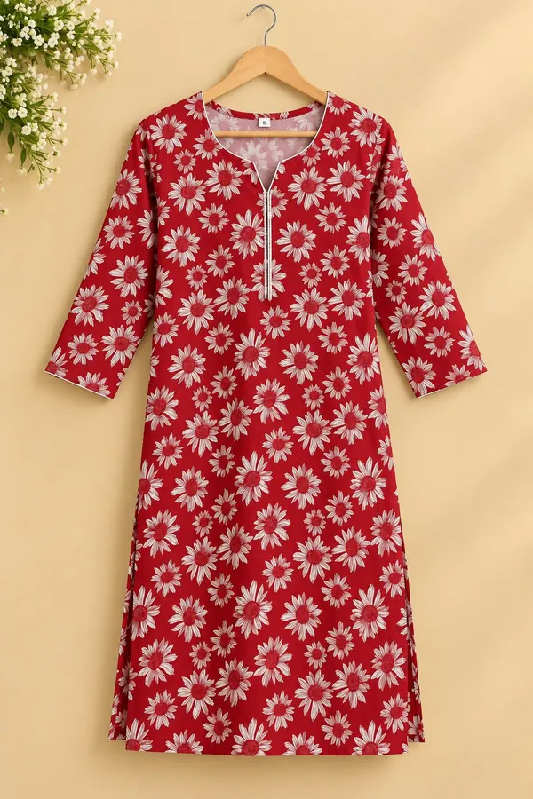 Red_Cotton_Floral_Print_Straight_Kurta_For_Women