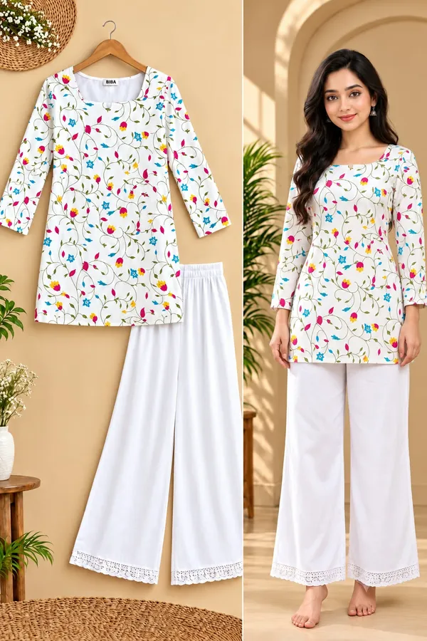 White_Cotton_Floral_Print_Straight_Kurta_Palazzo_Set_For_Women