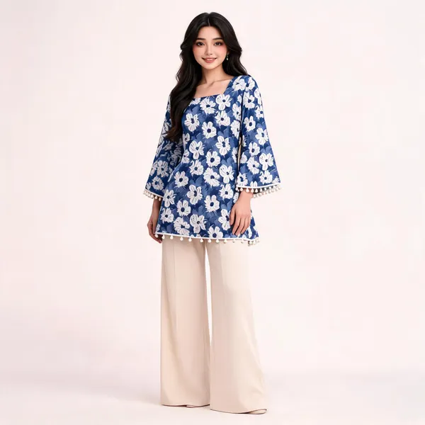 Blue_Cotton_Flared_Sleeve_Floral_Print_Kurta_For_Women