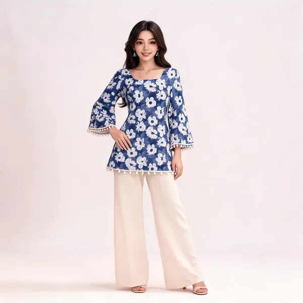 Blue_Cotton_Flared_Sleeve_Floral_Print_Kurta_For_Women