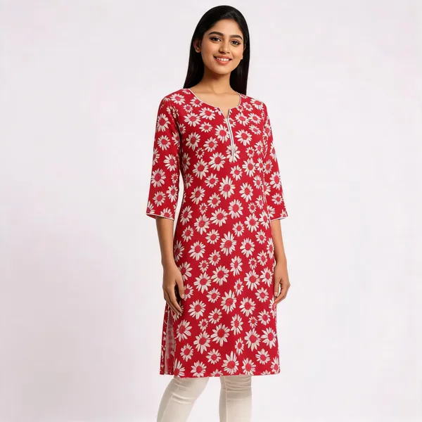 Red_Cotton_Floral_Print_Straight_Kurta_For_Women
