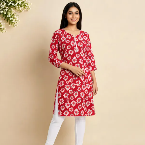 Red_Cotton_Floral_Print_Straight_Kurta_For_Women