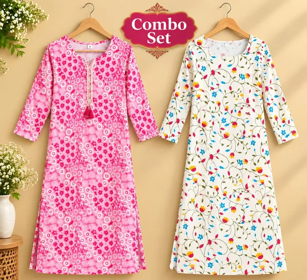 Pink_&_White_Cotton_Floral_Print_Straight_Kurta_Combo_For_Women