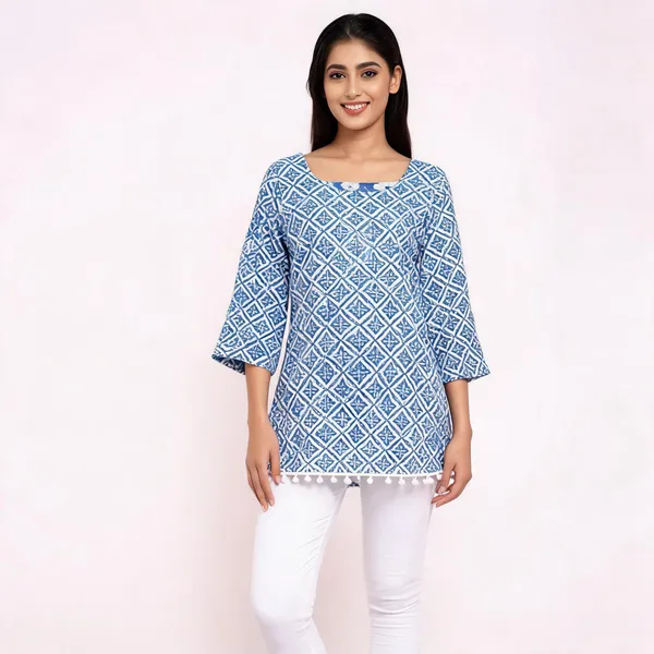 Blue_Cotton_A-Line_Geometric_Print_Kurta_For_Women