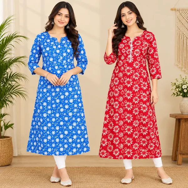 Blue_&_Red_Cotton_Floral_Print_Straight_Kurta_Combo_For_Women