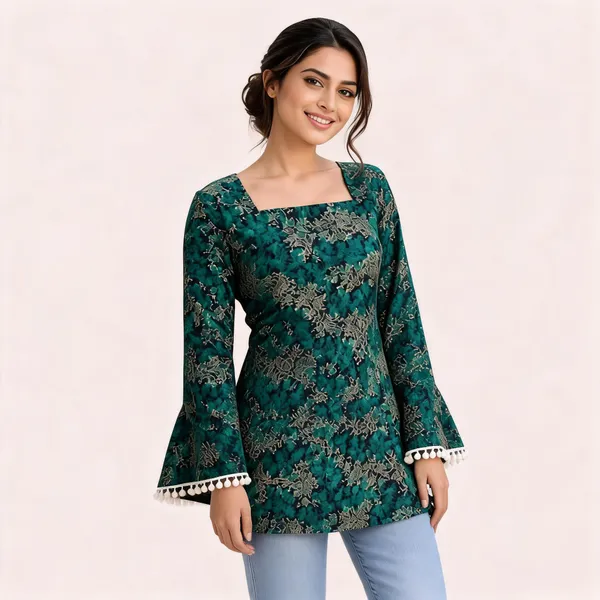 Green_Cotton_Floral_Print_Flared_Short_Kurta_For_Women