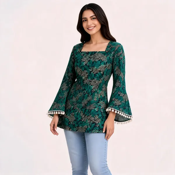 Green_Cotton_Floral_Print_Flared_Short_Kurta_For_Women