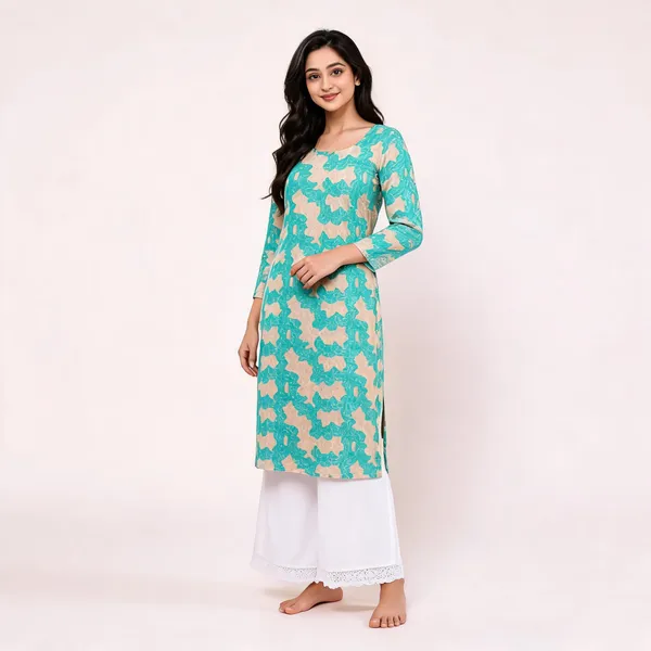 Turquoise_Cotton_Floral_Print_Straight_Kurta_Palazzo_Set_For_Women