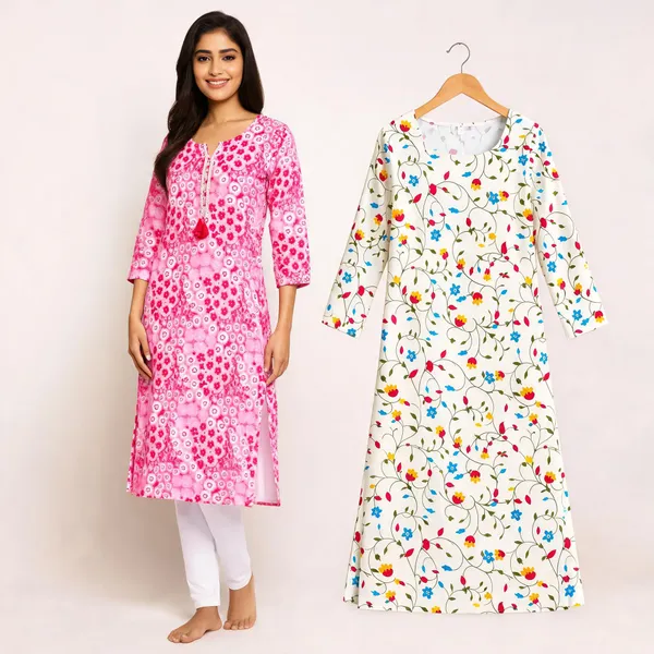 Pink_&_White_Cotton_Floral_Print_Straight_Kurta_Combo_For_Women