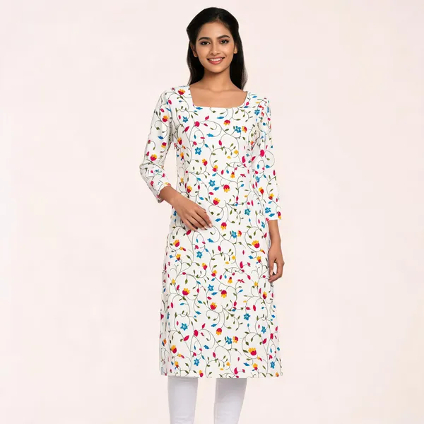 White_Cotton_Floral_Print_Straight_Kurta_For_Women