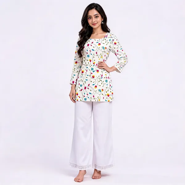 White_Cotton_Floral_Print_Straight_Kurta_Palazzo_Set_For_Women