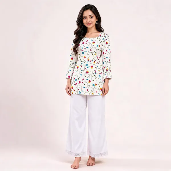 White_Cotton_Floral_Print_Straight_Kurta_Palazzo_Set_For_Women