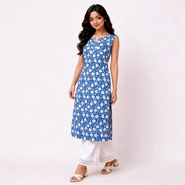 Blue_Cotton_Floral_Print_Sleeveless_Kurta_Palazzo_Set_For_Women
