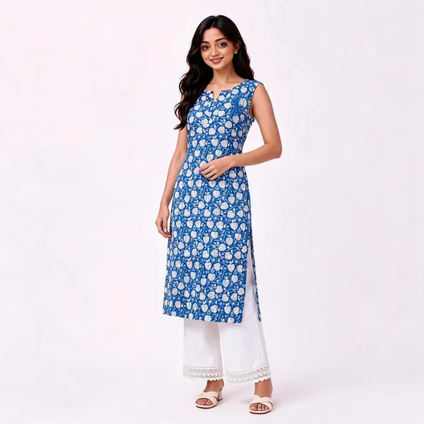 Blue_Cotton_Floral_Print_Sleeveless_Kurta_Palazzo_Set_For_Women