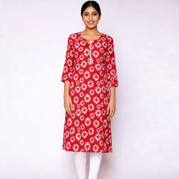Red_&_White_Cotton_Floral_Print_Straight_Kurta_Combo_For_Women