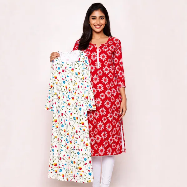 Red_&_White_Cotton_Floral_Print_Straight_Kurta_Combo_For_Women