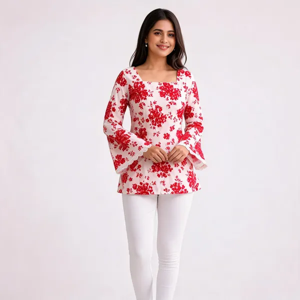 White_Cotton_Floral_Print_Bell_Sleeve_Short_Kurta_For_Women