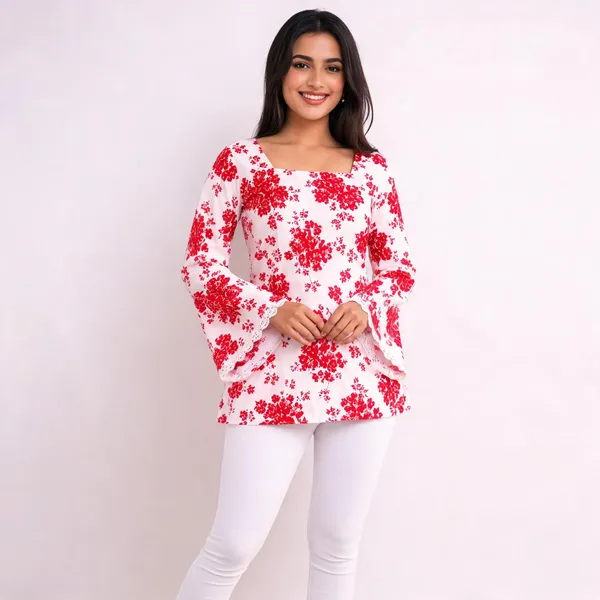 White_Cotton_Floral_Print_Bell_Sleeve_Short_Kurta_For_Women