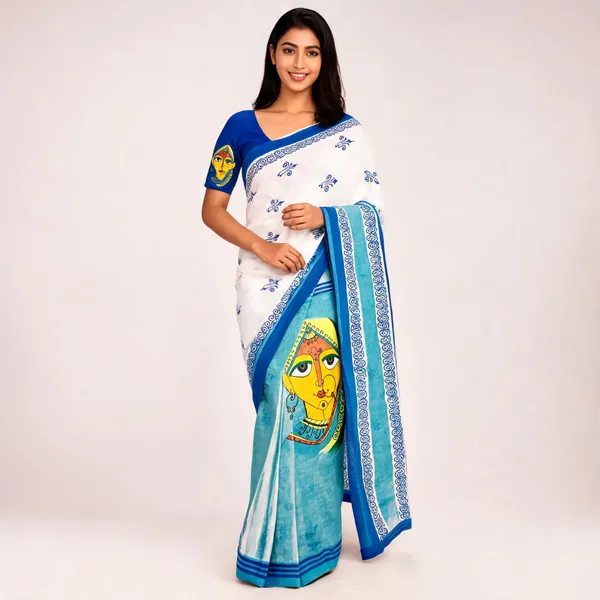 Blue_White_Printed_Saree_For_Women