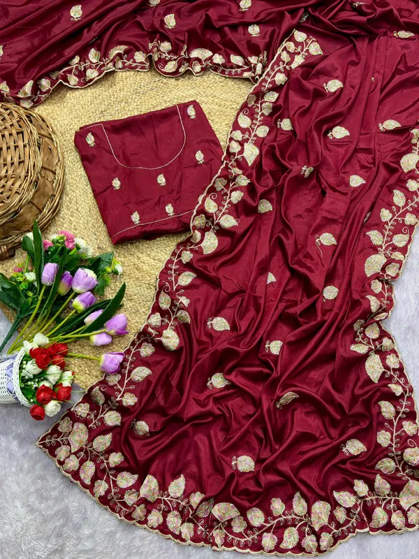 Maroon_Embroidered_Saree_For_Women