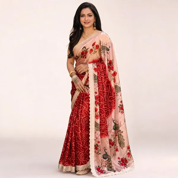 Red_And_Peach_Floral_Print_Saree_For_Women