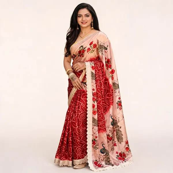 Red_And_Peach_Floral_Print_Saree_For_Women