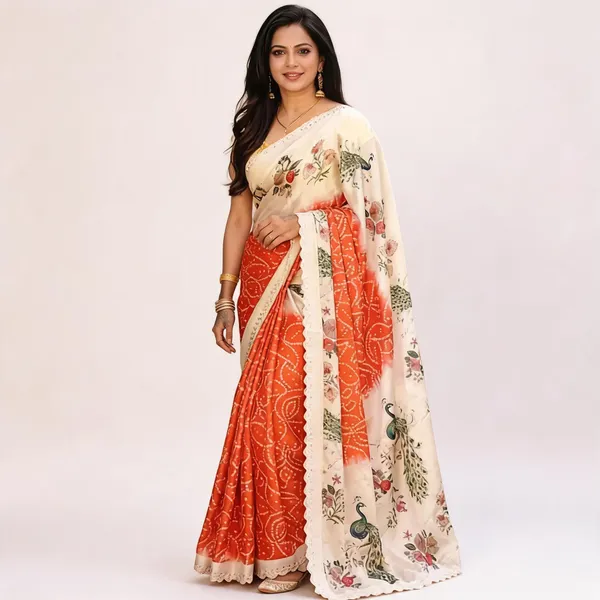 Cream_Orange_Printed_Saree_For_Women