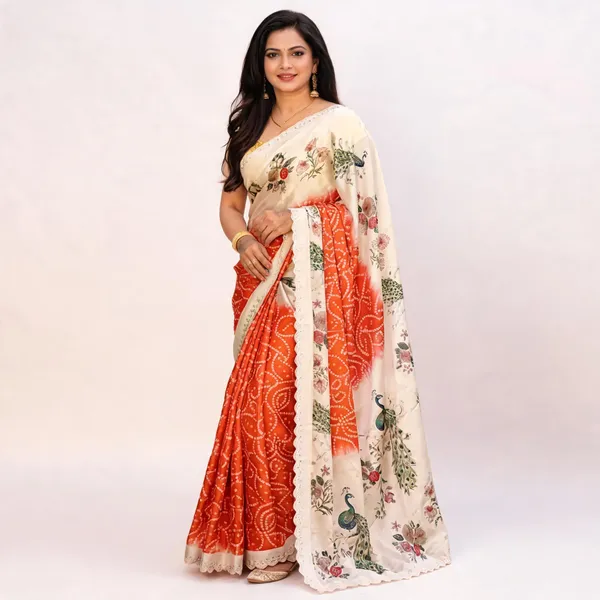 Cream_Orange_Printed_Saree_For_Women