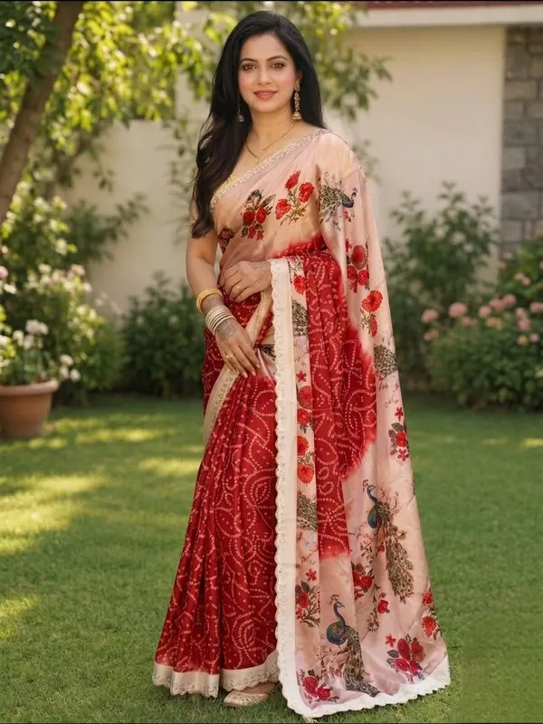 Red_And_Peach_Floral_Print_Saree_For_Women