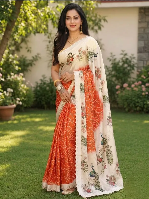 Cream_Orange_Printed_Saree_For_Women