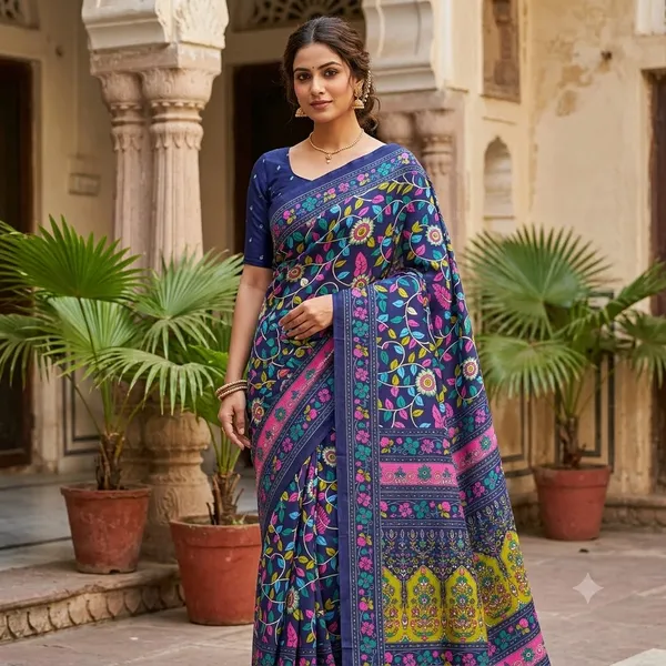 Navy_Blue_Printed_Unstitched__Saree_For_Women