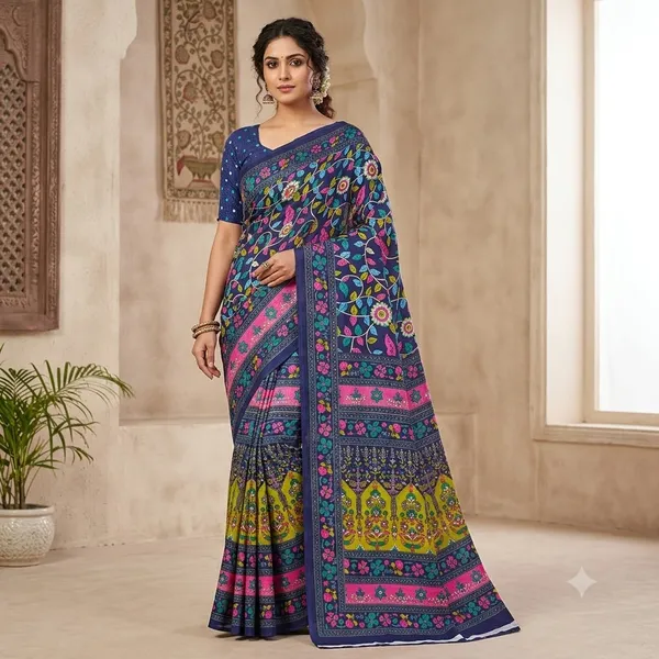 Navy_Blue_Printed_Unstitched__Saree_For_Women