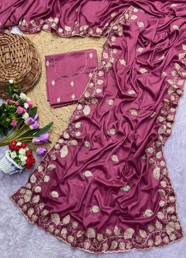 Wine_Satin_Embroidered_Saree_For_Women