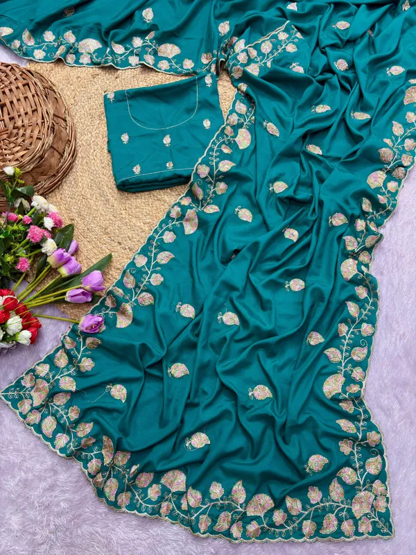 Teal_Silk_Style_Embroidered_Saree_For_Women