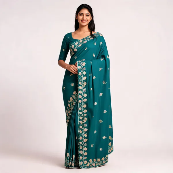 Teal_Silk_Style_Embroidered_Saree_For_Women