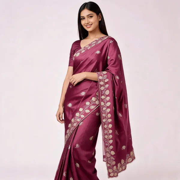 Wine_Satin_Embroidered_Saree_For_Women